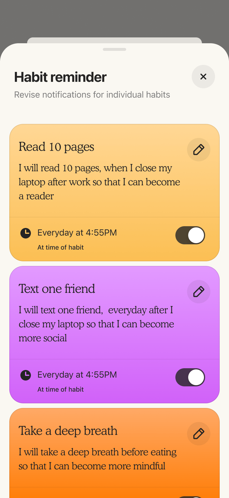A screenshot of the Atoms app habit reminder screen